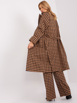 Hurt Camelowo-czarny długi płaszcz z paskiem