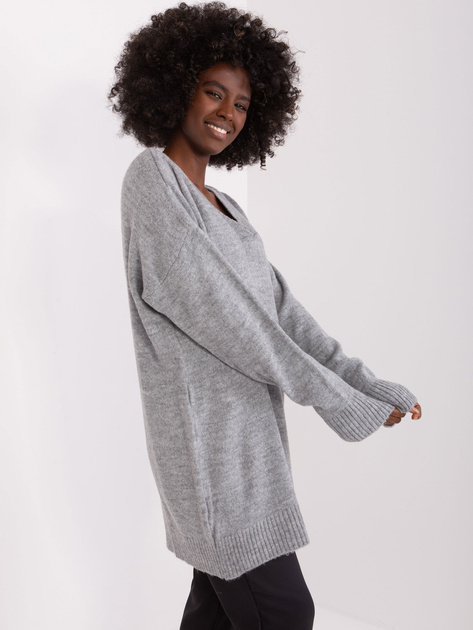 Hurt Szary damski sweter klasyczny z dekoltem V