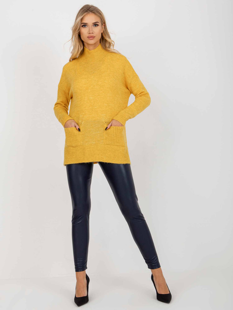 Hurtownia Żółty długi sweter oversize z kieszeniami