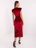 Burgundy evening dress with appliqués.