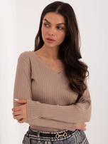 Ciemnobeżowa bluzka basic w szeroki prążek RUE PARIS 