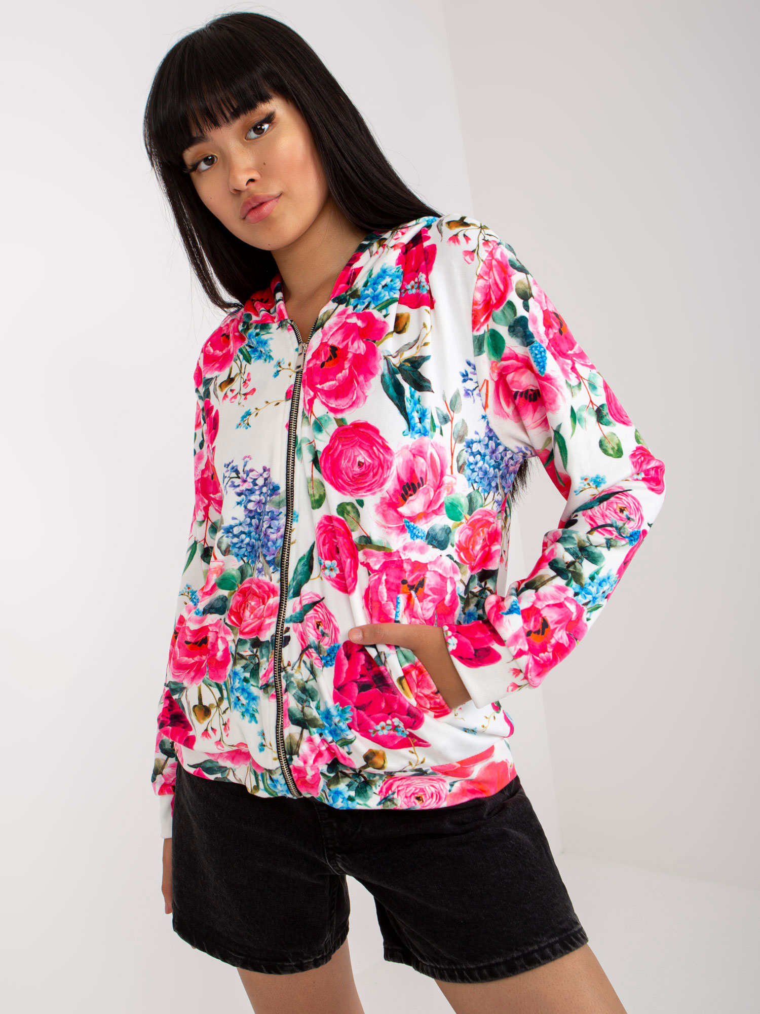 Biało-różowa welurowa bluza w kwiaty RUE PARIS
