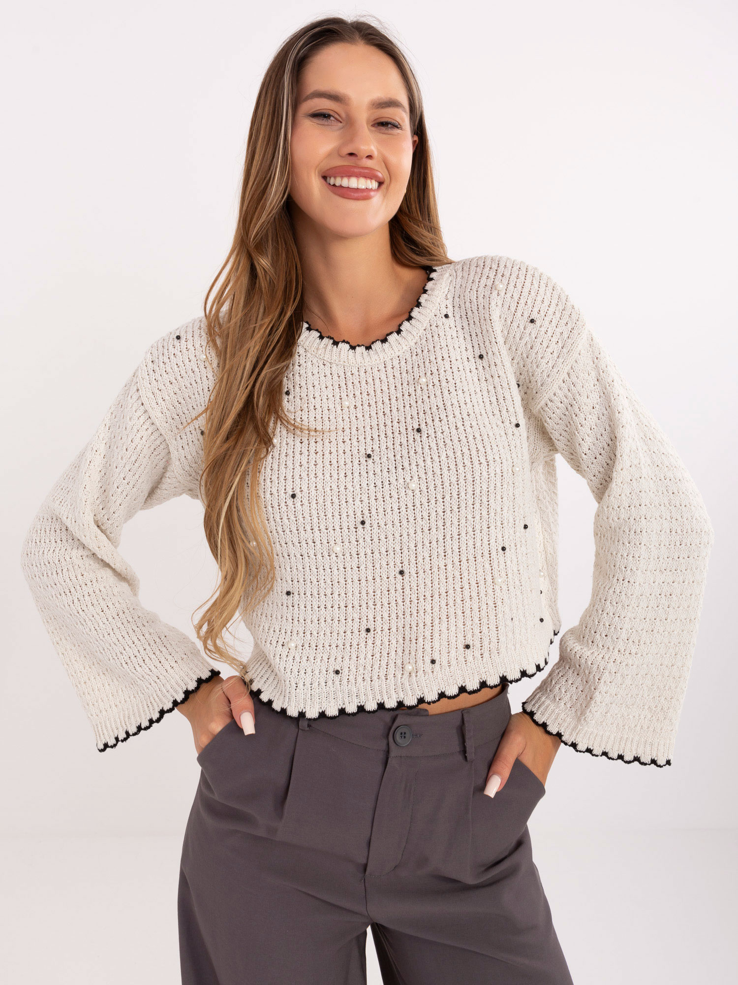 Ecru Damenpullover mit weiten Ärmeln RUE PARIS.