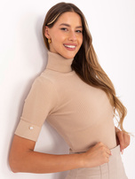 Camel ribbed turtleneck sweater.