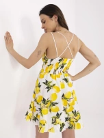 Ecru-żółta mini sukienka z nadrukiem w cytryny