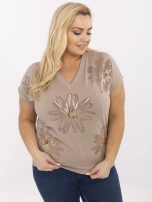 Ciemnobeżowa bluzka plus size z nadrukiem w kwiaty