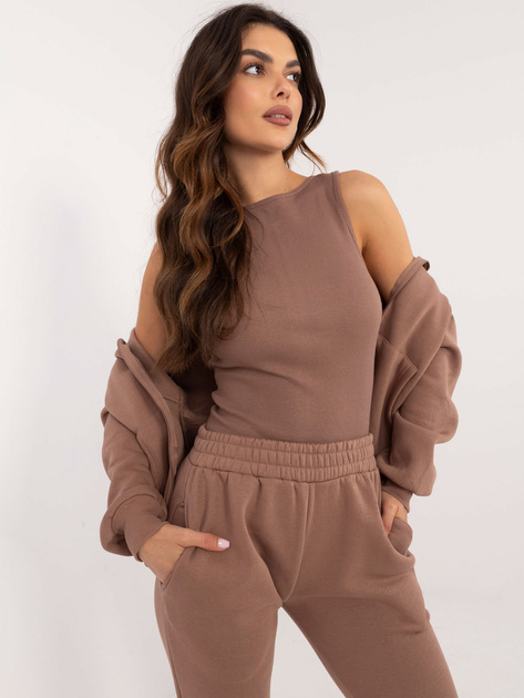 Hurt Brązowy dresowy komplet z topem w prążek