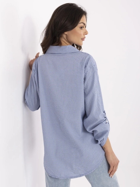 Ciemnoniebiesko-biała damska koszula z kołnierzykiem