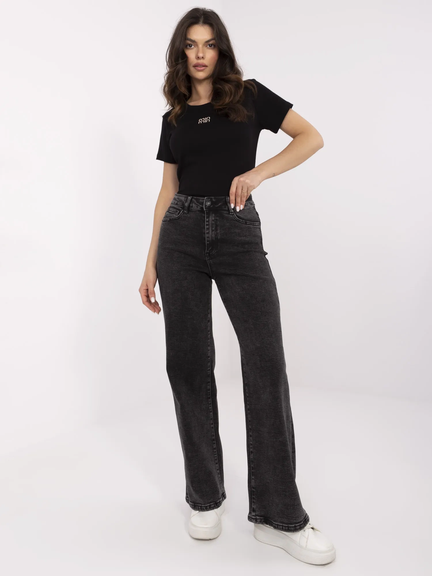 Dark gray long dad fit jeans with straight legs.