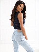 Navy striped sleeveless top.