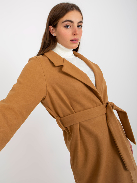 Hurtownia Camelowy długi płaszcz z wiązaniem OCH BELLA