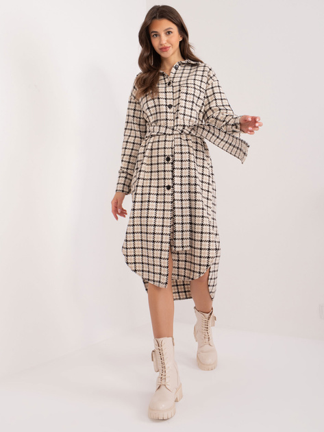 Hurt Beżowo-czarna koszulowa sukienka z paskiem