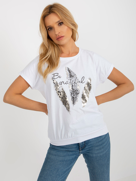 Hurt Biała bluzka z błyszczącym nadrukiem RUE PARIS