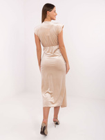 Beige evening dress without sleeves.