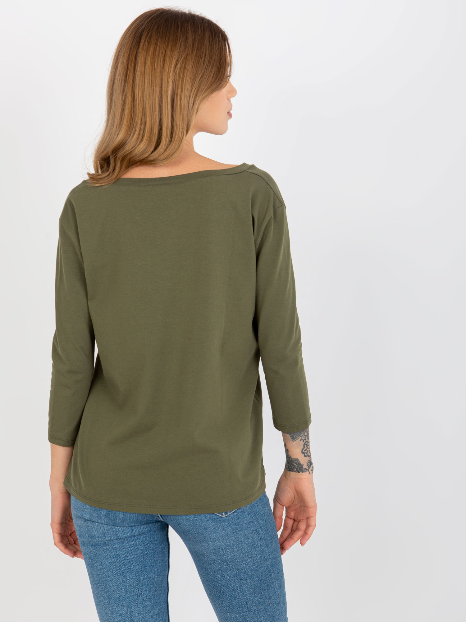Khaki bawełniana bluzka basic z dekoltem w serek