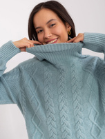 Mint sweater with braids and ribbing.