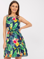 Dunkelblaues Sommerkleid mit Volant und Druck RUE PARIS.
