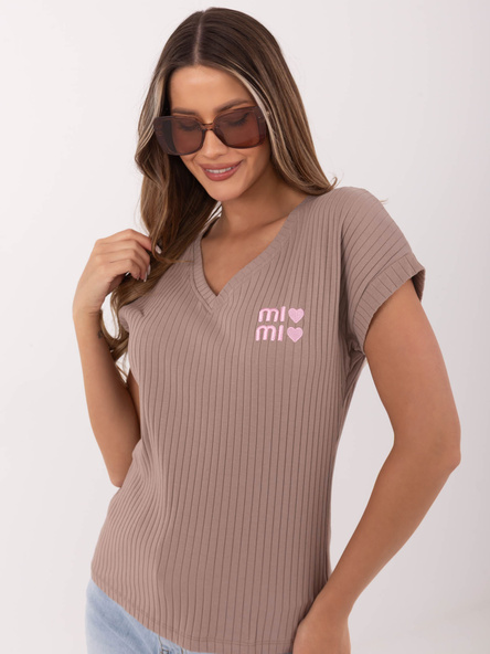 Ciemnobeżowa damska bluzka z krótkim rękawem