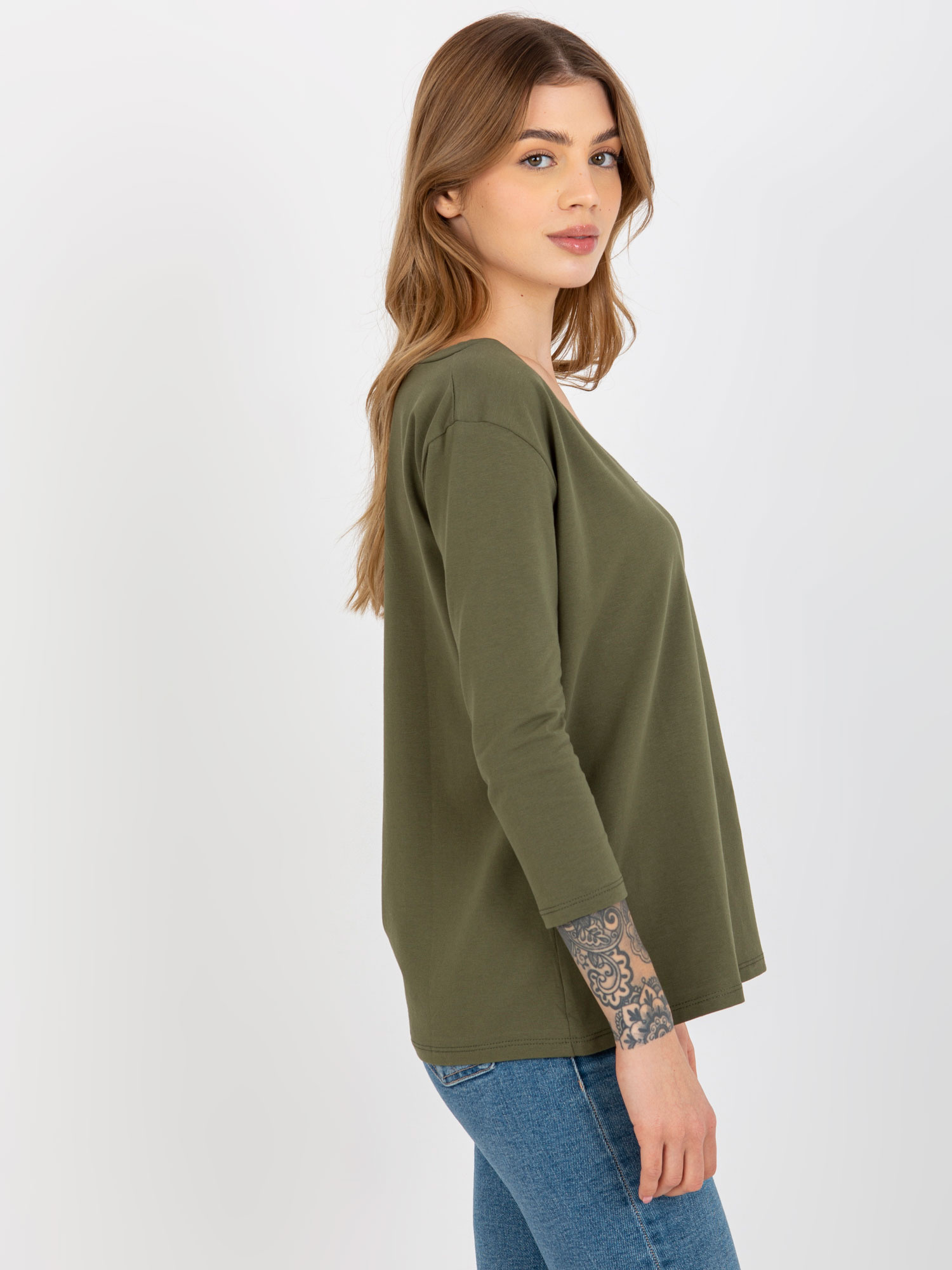 Hurt Khaki bawełniana bluzka basic z dekoltem w serek