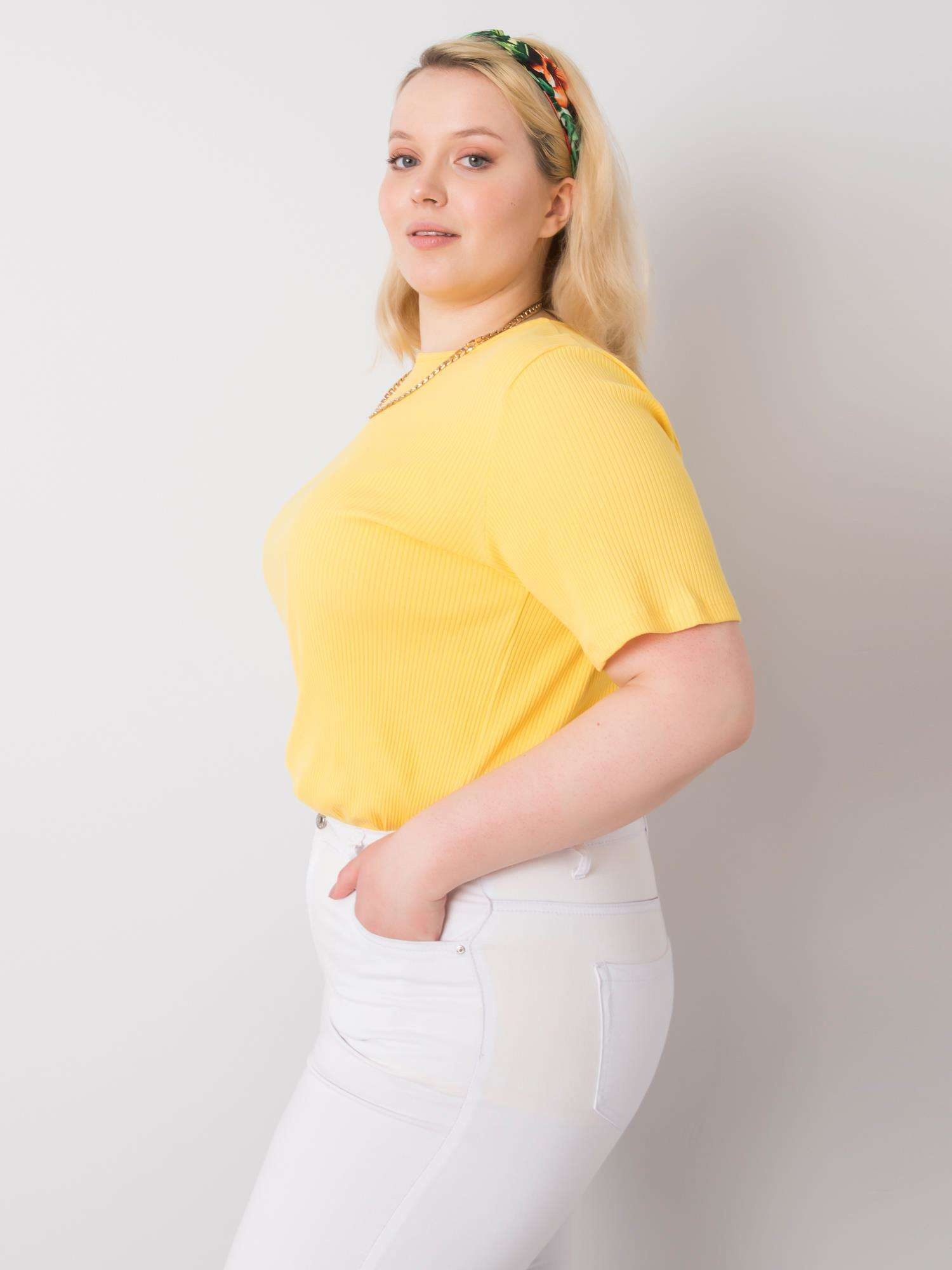 Žlutá blůza plus size z pruhované látky Stella.