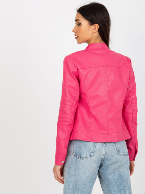 Hurt Ciemnoróżowa damska kurtka z ekoskóry biker z kieszeniami