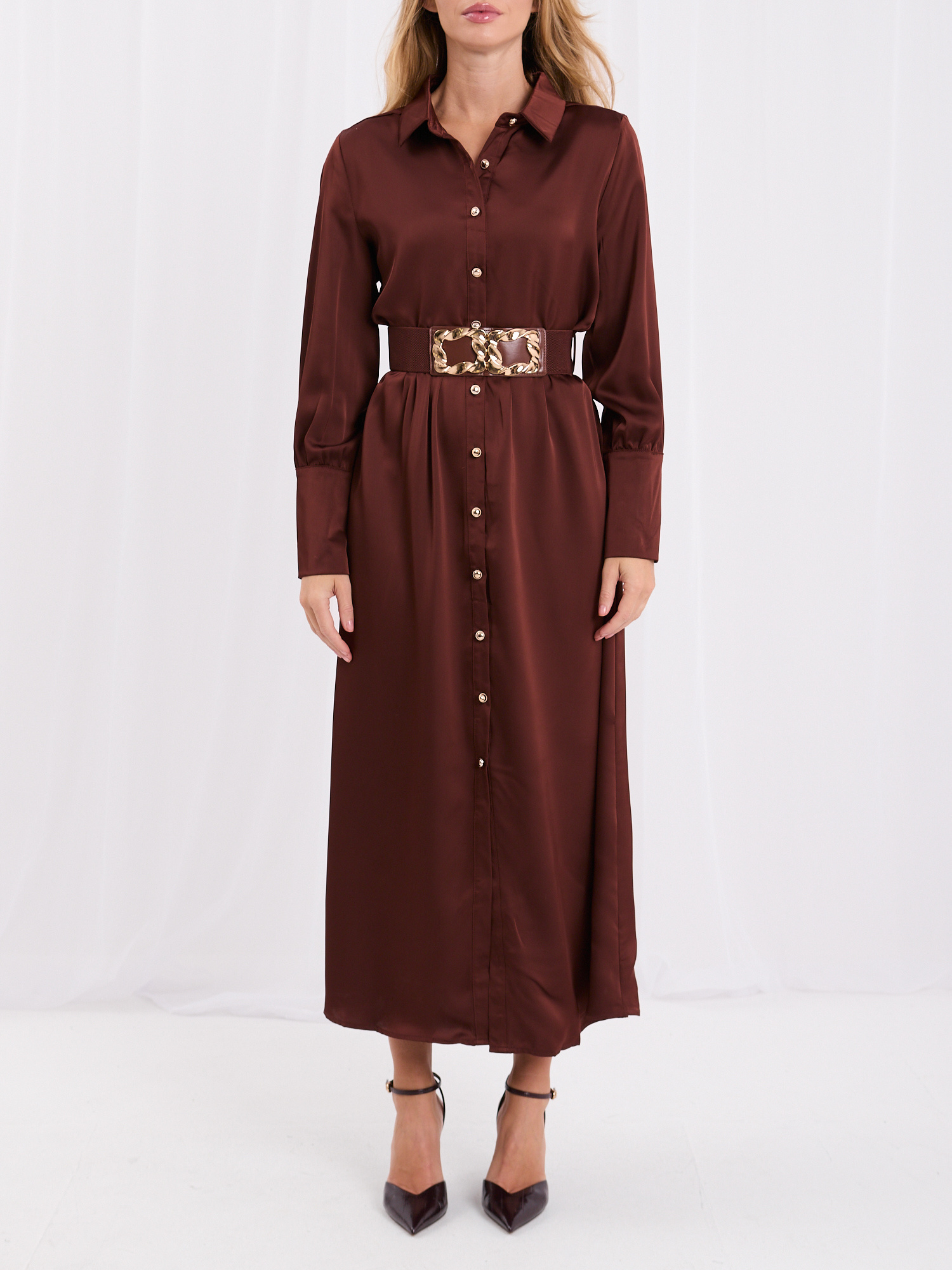 Světlě hnědá elegantní šaty šmizierka se zlatou sponou.