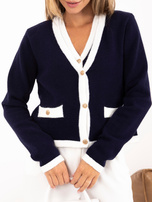Dunkelblauer kurzer Cardigan 2in1 mit dekorativen Knöpfen.