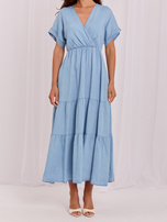 Light blue maxi dress with a wrap neckline.