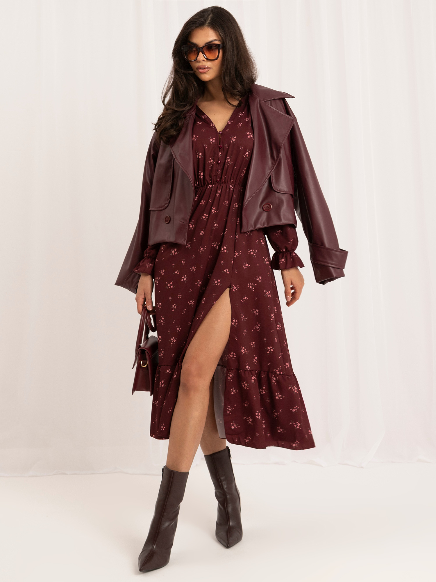 Burgundy flared dress with flowers.