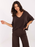 Ciemnobrązowy sweter nietoperz z dekoltem V