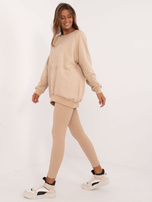 Hurt Beżowy komplet dresowy z legginsami w prążek