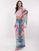 Blue palazzo pants with a colorful print.