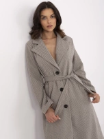 Beige-dark gray single-breasted coat with pockets.