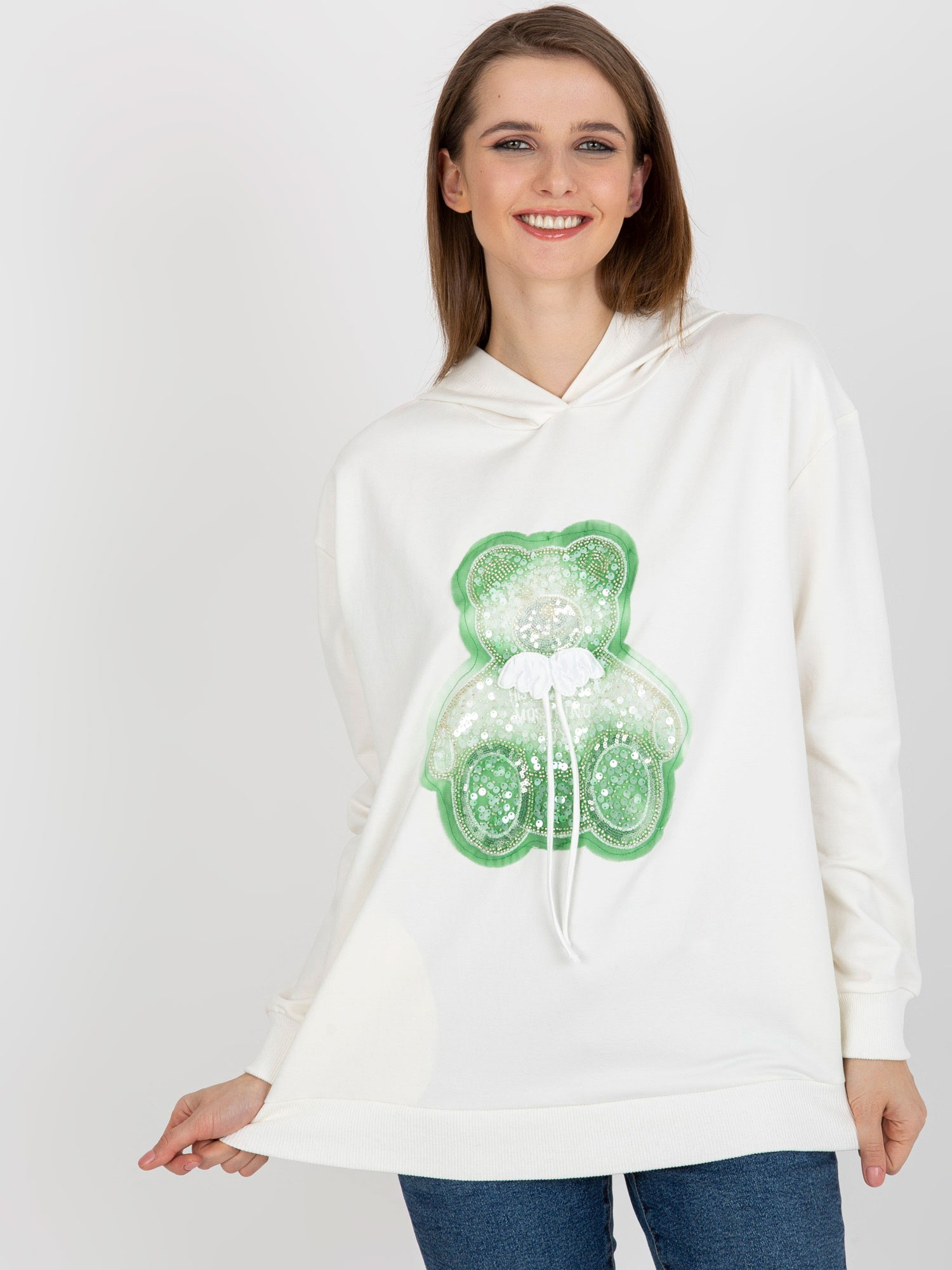 Hurt Ecru oversize bluza z kapturem z misiem i aplikacją 