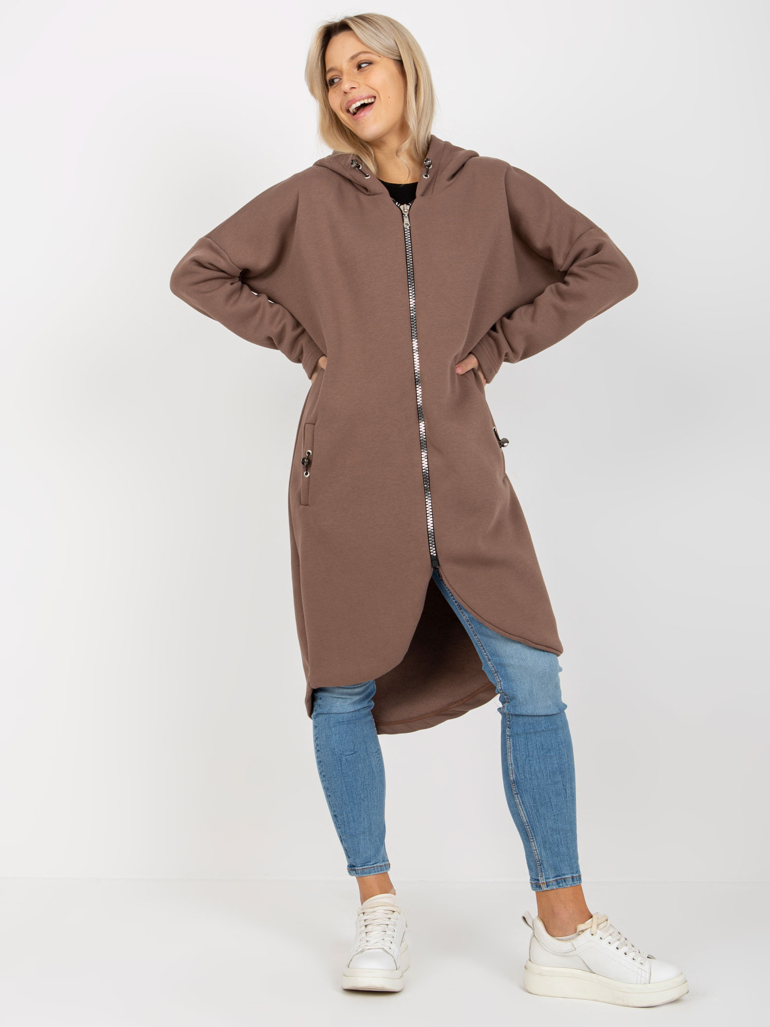 Brązowa rozpinana długa bluza basic z kapturem Tina RUE PARIS