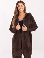 Czekoladowy damski płaszcz alpaka z kapturem 