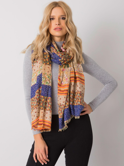 Ciemnobeżowo-niebieska chusta w kolorowe wzory