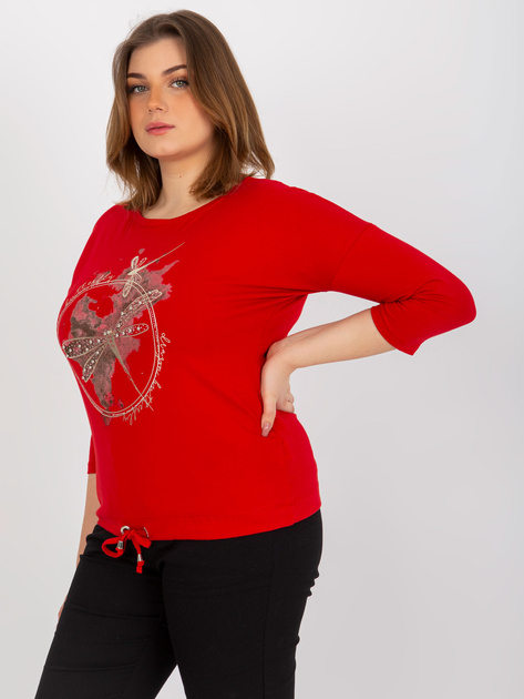 Hurt Czerwona bluzka plus size z rękawem 3/4 i nadrukiem