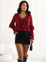 Burgundy lace blouse with frills.