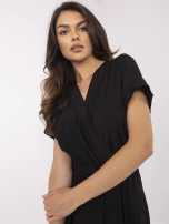 Black jumpsuit with a wrap neckline.