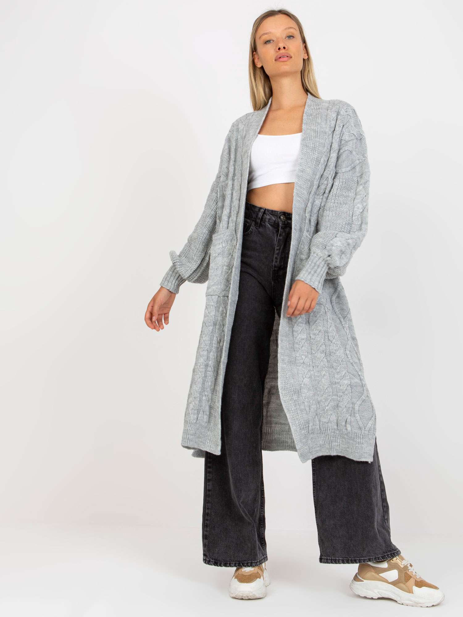 Hurtownia online Szary maxi kardigan w warkocze RUE PARIS