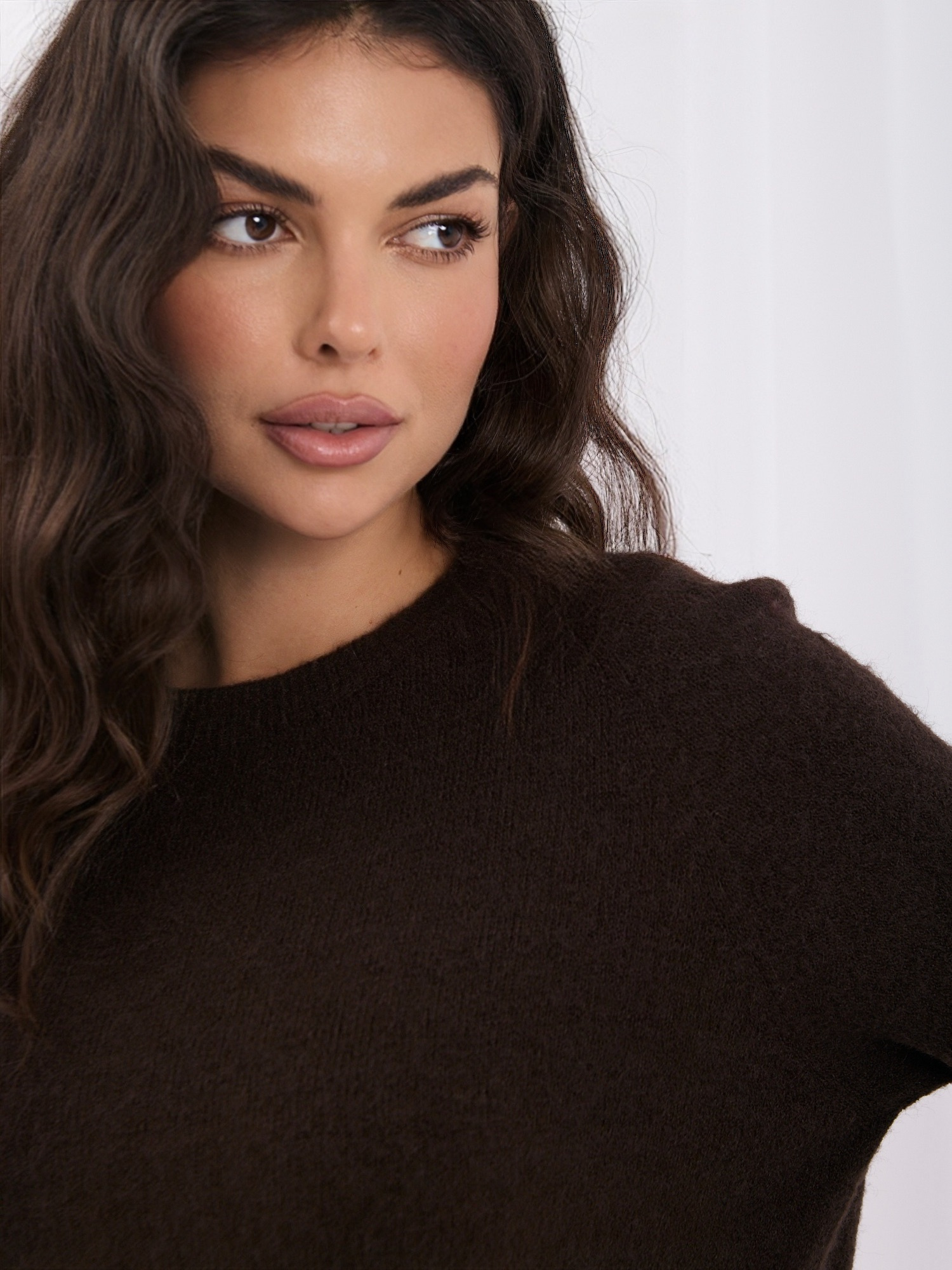 Schokoladenfarbener Damen Basic-Pullover mit langen Ärmeln.