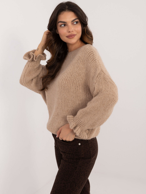 Hurt Ciemnobeżowy sweter oversize z okrągłym dekoltem