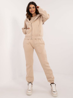 Hurt Beżowy damski komplet dresowy z bluzą rozpinaną 