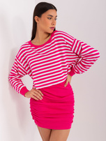 Fuksjowo-biały komplet basic z marszczoną sukienką