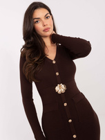 Chocolate midi dress with decorative element.