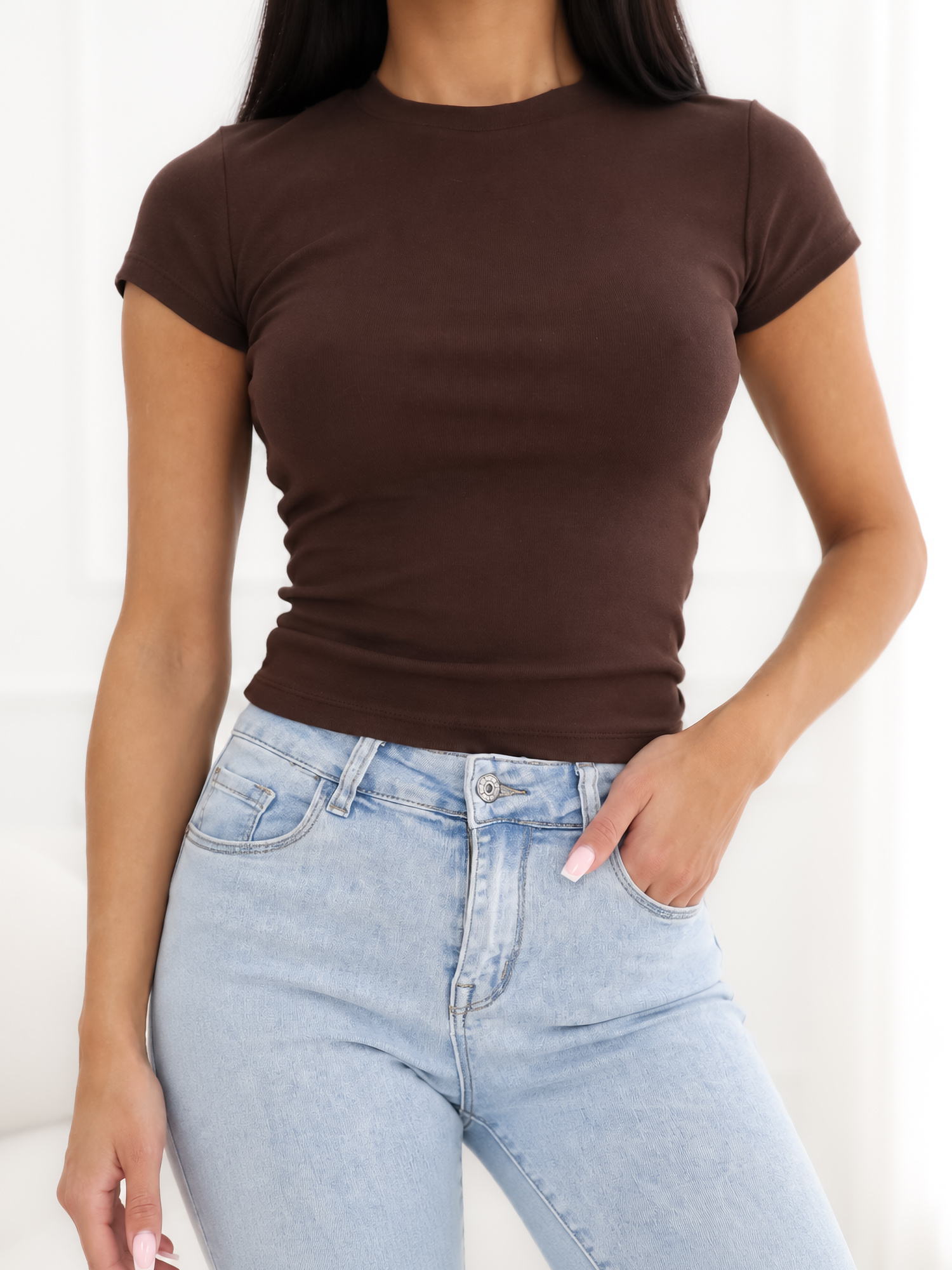 Brown women's basic t-shirt with a round neckline.