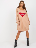 Hurt Beżowa długa bluza oversize z aplikacją z dżetów 
