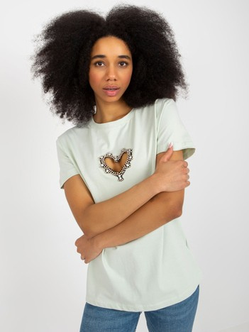 Hurtownia Jasnomiętowy t-shirt z aplikacją i wycięciem