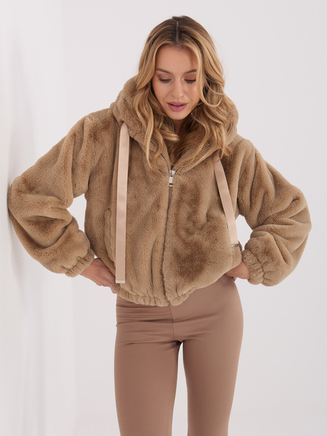 Beżowa futrzana kurtka z suwakiem